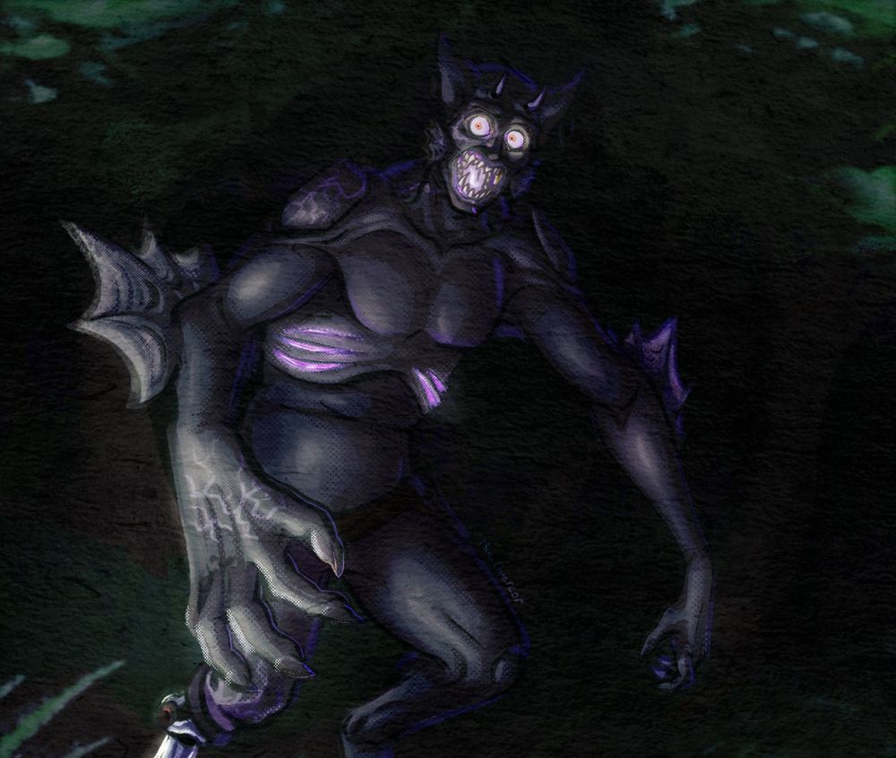 A digital drawing of a grey, humanoid monster in a very dark forest scene. The figure has spread fins on their elbows and jaw, glowing scars on their hands and face, and a prosthetic right leg. The figure is drawn in perspective, making their right hand much closer/larger. Their eyes and mouth are also glowing white.
