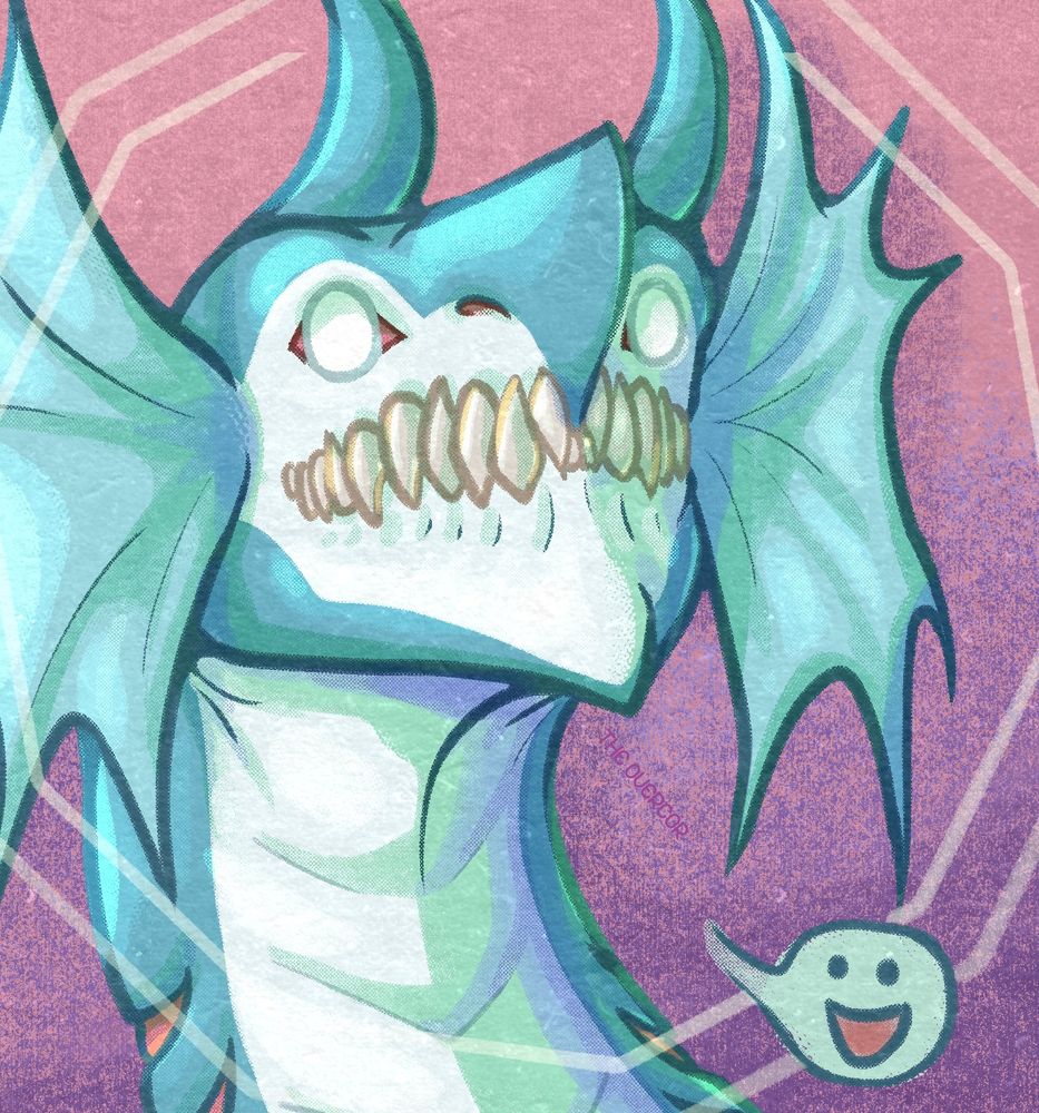 A digital drawing of a dragon with a wedge-shaped head, as seen from the front. The image is a portrait bust with the dragon, which is blue with a white underbelly and teal fins, is supposedly smiling as indicated by a doodle on the side of the canvas.