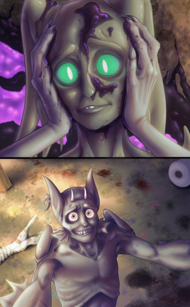 This is an old version.
A vertical, two-panel digital painting of two grey, humanoid monster figures. 
The top panel is a bust-up portrait of a figure covered in black-purple sludge. They have large, green eyes with slit white pupils, long and drooping ears hanging behind their shoulders, and pointed pads on their shoulders. They are looking downward. There are two long, bruised hands reaching up from the bottom of the panel, gently cupping the figure's face. The background is a large, out-of-focus mass of black-purple sludge.
The bottom panel is a bust portrait of the second figure reaching upward. They are looking directly into the camera. They have tall, conical ears, short horns, a lopsided smile, and open fins on the sides of their jaw. They are covered in bruises and scratches. The background is a floor covered in dried paint and dried blood.