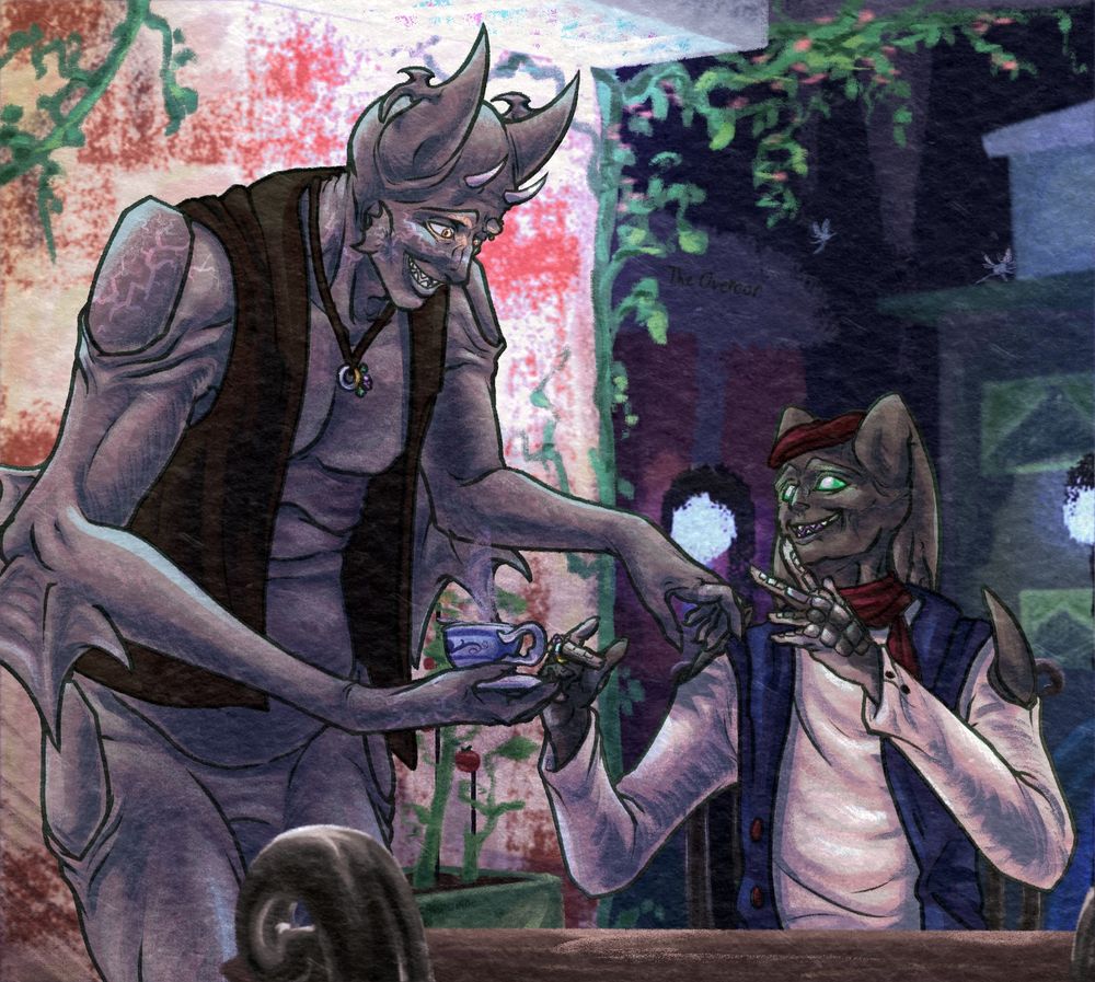 A digital drawing of two grey humanoid monster figures on a patio with other houses in the background. The left figure is wearing a brown leather vest and is crouching to present a blue mug of a steaming beverage to the right figure. The right figure is sitting and gratefully reaching for the mug; they are dressed in a red beret, a blue vest, and a white linen shirt. There is a UV light on the ceiling of the awning illuminating the figures, the table, the yellow and red brick wall, a potted tomato plant, and some randomly growing ivy.