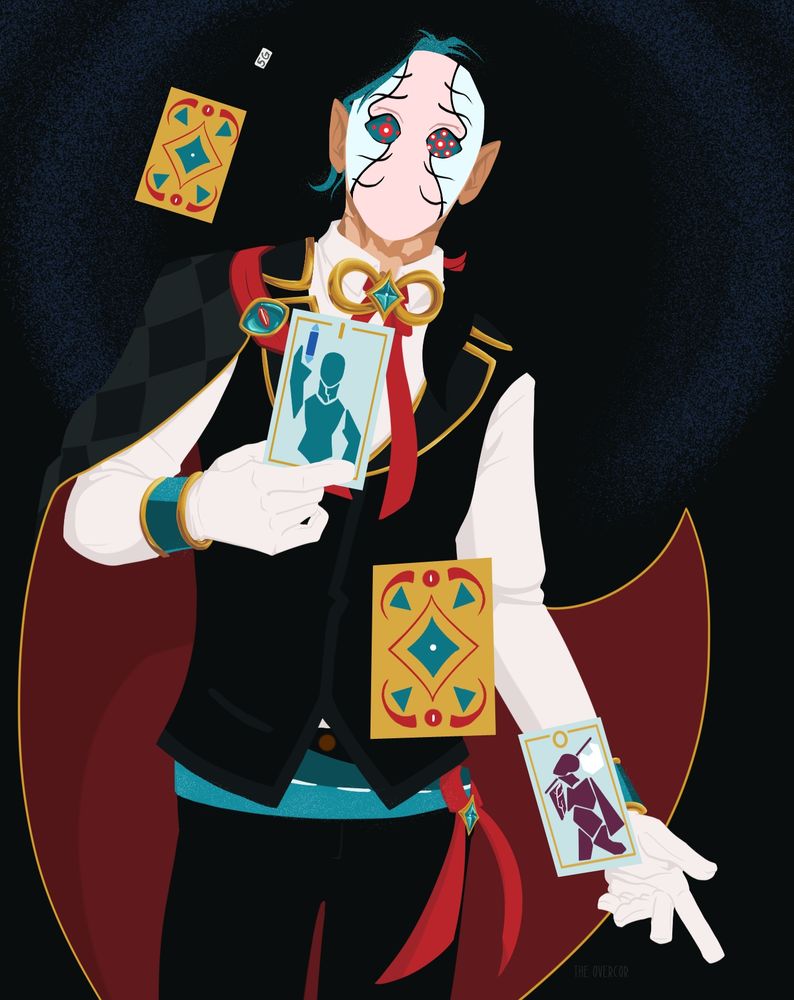 A lineless halfbody digital drawing of a human. They have a pink and blue mask, a magician's outfit consisting of a black vest, white button-up, a black and red cape, and a teal belt with a red ribbon. The figure is levitating a series of cards, with two flipped to face the viewer; they are holding the tarot card for The Magician and the other flipped card, levitating, is The Fool.