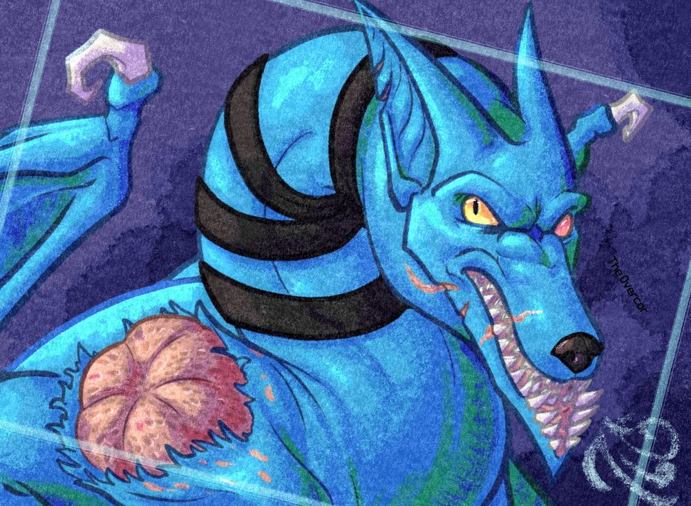 A digital portrait of a bright blue wolf/dragon-like creature sneering at something offscreen. The creature has one yellow eye and one pink eye, long ears, a long snout with razor teeth, offscreen wings, and a pink stump where another head would be. The creature is an Elemental Demon, made by user SmileDemon.