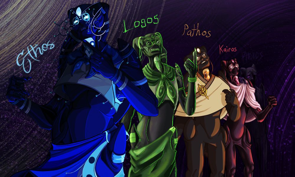 A wide digital drawing of 5 humanoid figures in a gradient of blue, to green, to orange, to red, and a dark purple figure blending into the background. Each bright character is wearing a shawl and glasses, and has at least one arm raised.