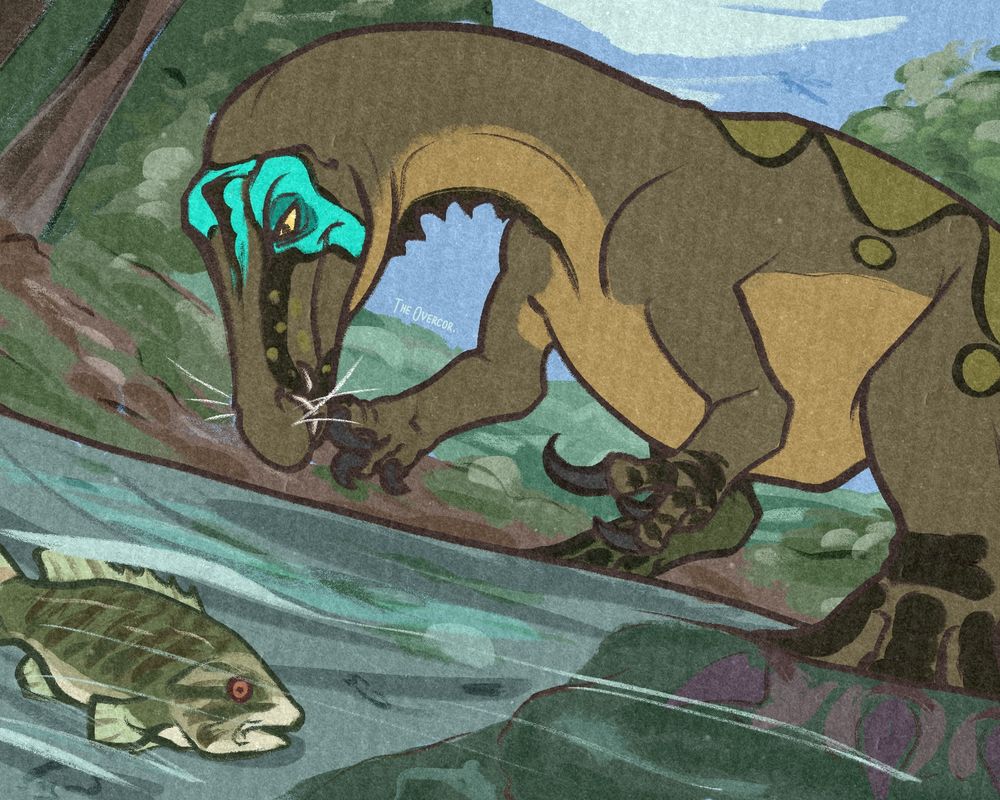 A digital drawing of a baryonyx dinosaur standing in shallow water, with a ground-up perspective. The dinosaur is brown with green accents and a bright teal facial marking. It is observing a smallmouth bass fish beneath it.