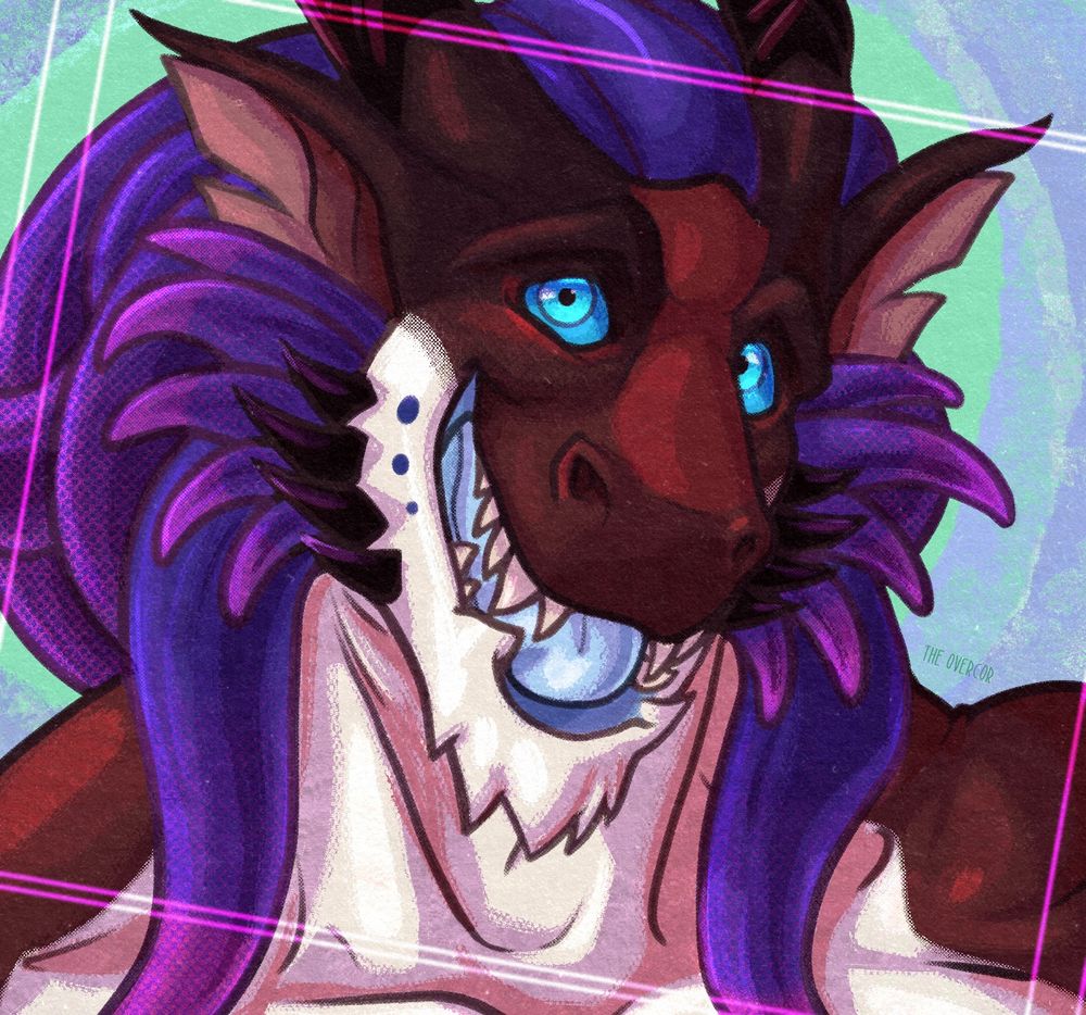 A digital portrait of a cheerful dragon/sea monster smiling at the viewer. They are burgundy red with purple tentacles as hair, blue eyes, and a blue mouth.