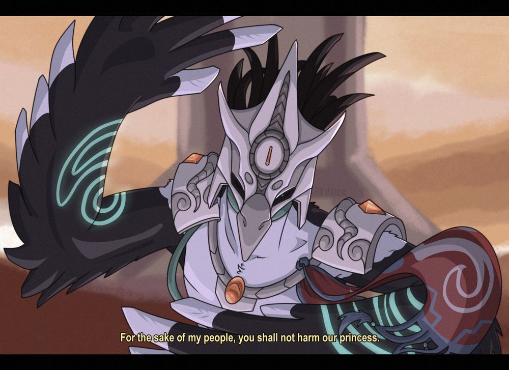 A digital halfbody drawing of an anthropomorphic bird in the style of a modern anime screenshot. They are holding one wing upward and one wing in front of them, while staring into the "camera." They are black with white feather tips and wearing beige shoulder pauldrons and a beige mask with a single central orange eye. They have green tattoo patterns on their wings. There is yellow text at the bottom of the screen reading: "For the sake of my people, you shall not harm our princess."