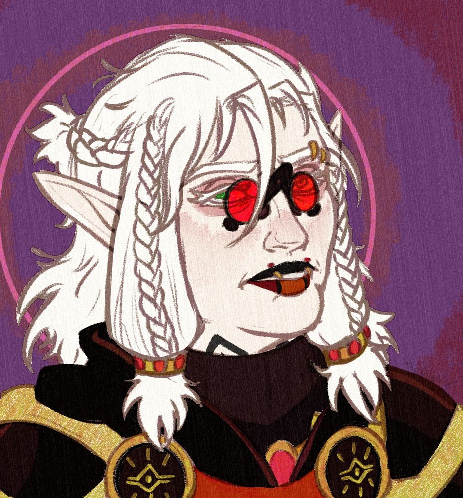 An unshaded digital drawing or a portrait of an albino woman. She has shoulder-length hair with braided bangs and a secondary braid wrapping around the back of her head. She has glasses with black frames and red lenses. She has green eyes. She is wearing red and black robes.