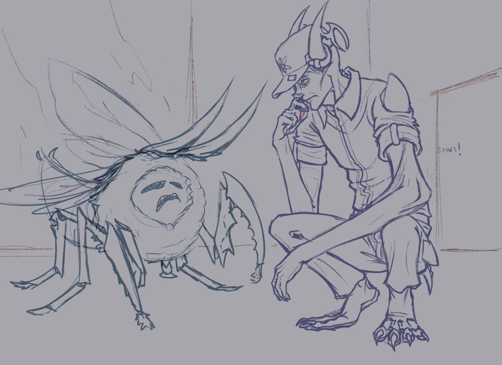 An uncolored digital sketch depicting two figures sitting on an urban roof. The left figure is actually a large, bee-like insect. It has a fluffy body segment. The bug is facing a humanoid monster in a janitor uniform. They have long, pointed ears sticking out of the sides of a flat hat with a small pin of the nonbinary flag. The figure is in a squatted position, and holding a lit cigarette. They are looking at the bug with mild curiosity.