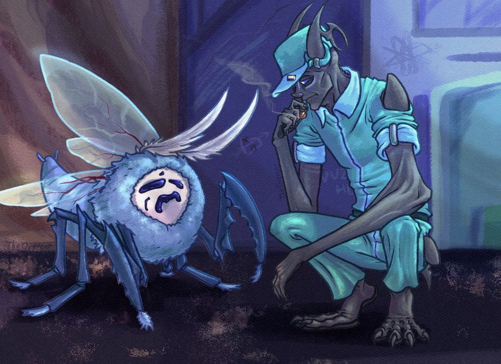 A wide digital painting depicting two figures sitting on an urban roof. The left figure is actually a large, bee-like insect. It has a fluffy body segment, a small darker blue segment, and a medium blue posterior. It has two pairs of transparent wings. Finally, it has a white "face" with black drool and silver, fuzzy antennae. The bug is facing a dark grey, humanoid monster in a teal janitor uniform. They have long, pointed ears sticking out of the sides of a flat hat with a small pin of the nonbinary flag. The figure is in a squatted position, and holding a lit cigarette. They are looking at the bug with mild curiosity.