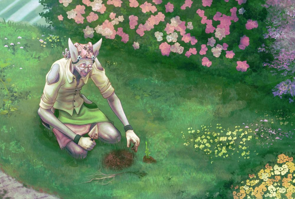 A wide digital painting of a green garden, with patches of yellow and pink flowers in the grass. A wall of pink rose bush lines the back of the space. In the middle-left, a humanoid figure wearing a yellow button-up and bright green skirt is kneeling in front of a small hole.