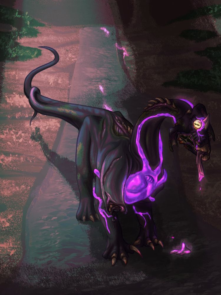 A digital painting of a rocky pathway illuminated on the left side by unseen street lamps. There is no grass on the sides, although there are small bushes in the background. Taking up most of the image is a dark-purple hydra resembling a sauropod dinosaur. It is missing patches of skin and its spine is exposed. There are green patches of rot on the body. It has two tails, one of which is pale and limp, lifted by the healthier tail. The hydra has only two heads: the left is a limp, severed stump hanging loosely, while the right head has glowing, violet jugular veins climbing up the length of the neck. This head is missing the left side of its face, which has fallen onto the ground. It has one yellow eye, peering to the viewer.
