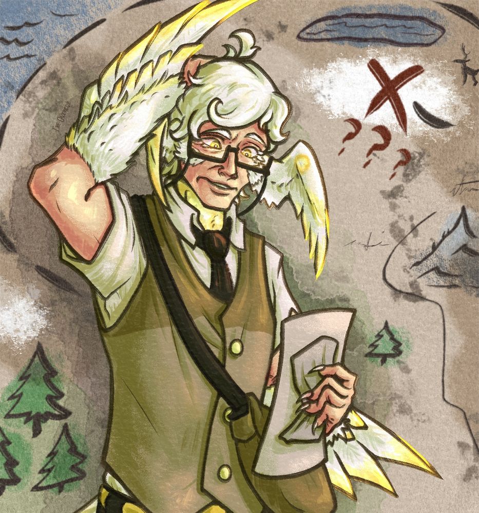 A digital drawing of an angelic man with white hair, white and gold feathers on the arms and ears, and small claws. He is wearing a brown vest over a white button-up, dark brown pants, and a brown satchel. He is holding two pieces of paper and appears confused. The background is a crudely-drawn map with a red X.