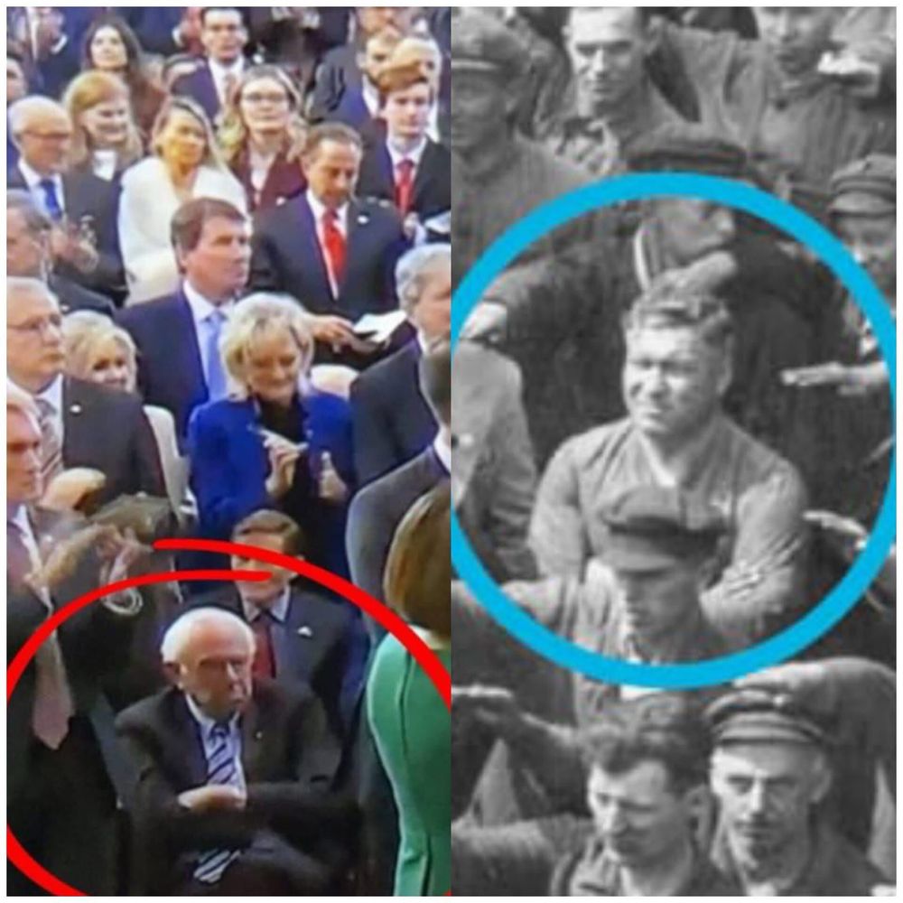 Ein zweigeteiltes Bild. Links Bernie Sanders, der sich weigert bei der Amtseinführung von Trump aufzustehen und zu klatschen. Rechts ein Mann in einer Menschenmenge, der als einziger nicht den Hitlergruß macht 