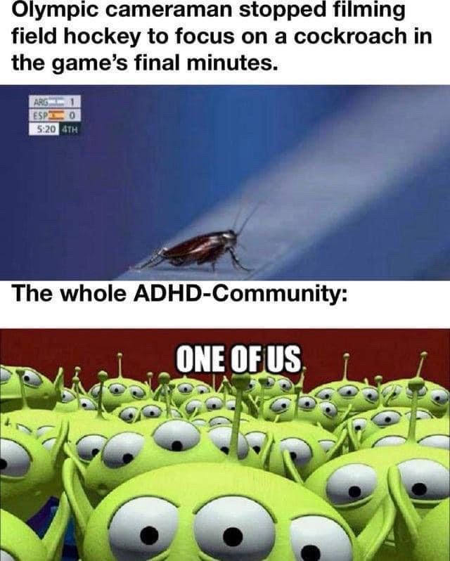 Ein Kameramann filmt in einem wichtigen Spiel nicht das Spiel sondern ein Insekt auf einer Absperrung. Die gesamte ADHS Community (als lustige grüne Figuren  dargestellt): one of us