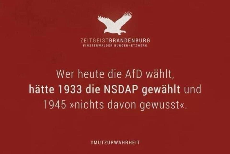 Meme von Zeitgeist Brandenburg: Wer heute die AfD wählt, hätte 1933 NSDAP gewählt und 1945 „nichts davon gewusst”

#MutZurWahrheit