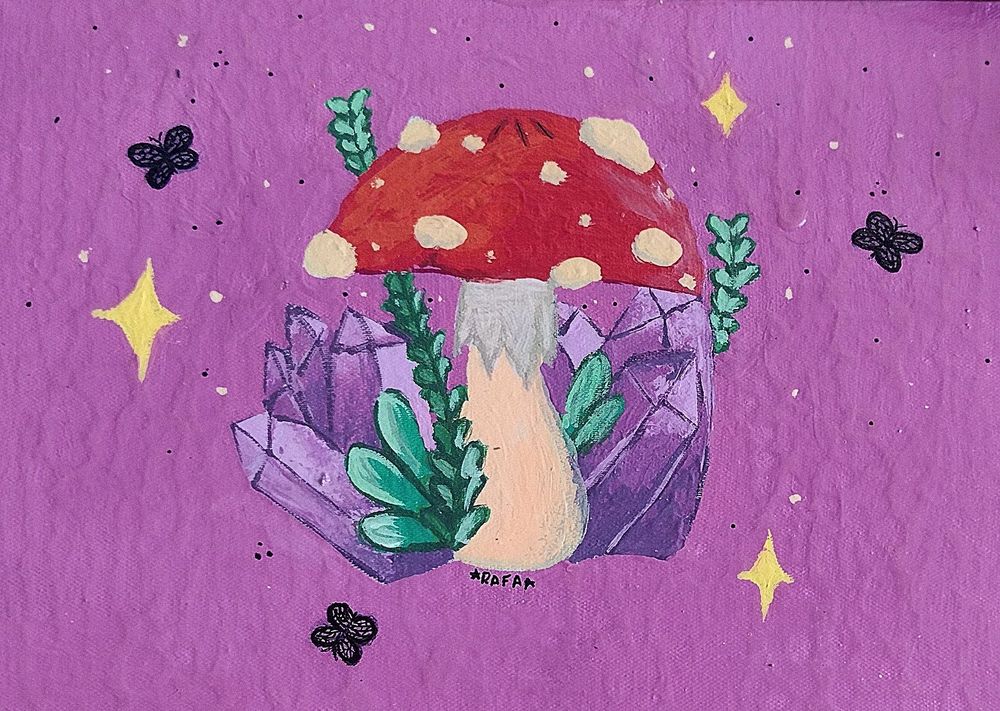 Cogumelos, ametistas e plantinhas pintados com tinta acrílica em uma tela de 16 por 16. Ao redor, alguns esporos foram soltos pelo cogumelo. As ametistas cintilam, borboletas rondam. E parece que tem magia no ar.