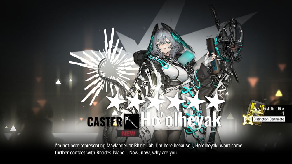 Print do jogo Arknights. A imagem mostra o resultado do gacha, que é personagem Ho'olheyak. 