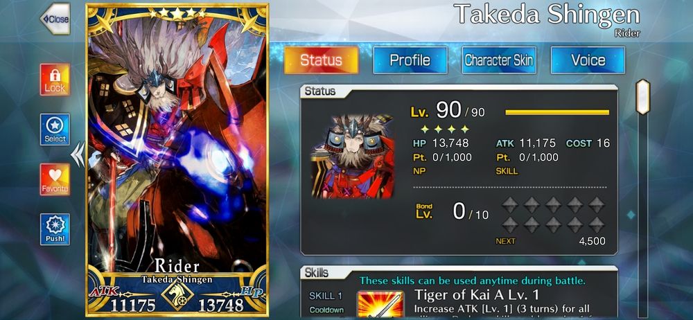 Print do jogo FGO. A imagem mostra a carta do personagem Takeda Shingen, da classe Rider e raridade 5 estrelas. 