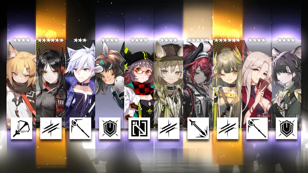 Print do jogo Arknights. A imagem mostra o resultado do gacha, com 10 personagens. Dois deles têm raridade máxima (6 estrelas), que são as personagens Inês e Muelsyse.