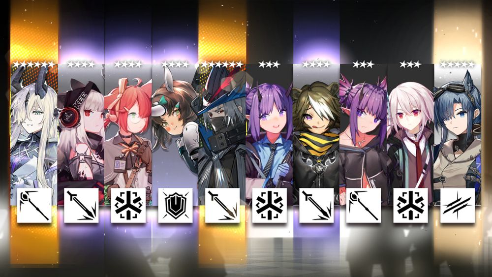 Print do jogo Arknights. A imagem mostra o resultado do gacha, com 10 personagens. Um deles tem raridade máxima (6 estrelas), que é a personagem Necrass. Outro, também de raridade máxima, é o  Ulpianus. 