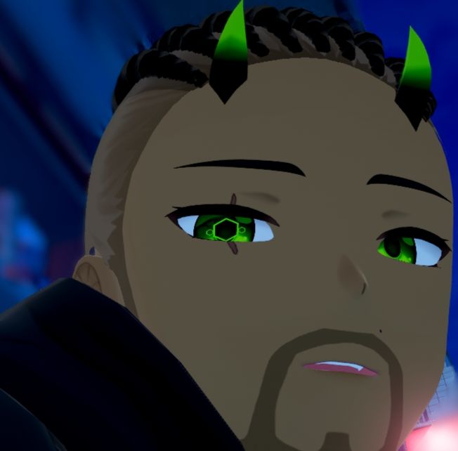 kailyle looking at POV with the prototeye visible. 