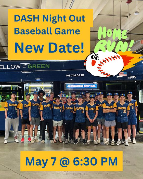 A photo of the ACHS Titans Baseball team standing in front of a DASH bus with text that reads "DASH Night Out Baseball Game, New Date! May 7 6:30 pm"