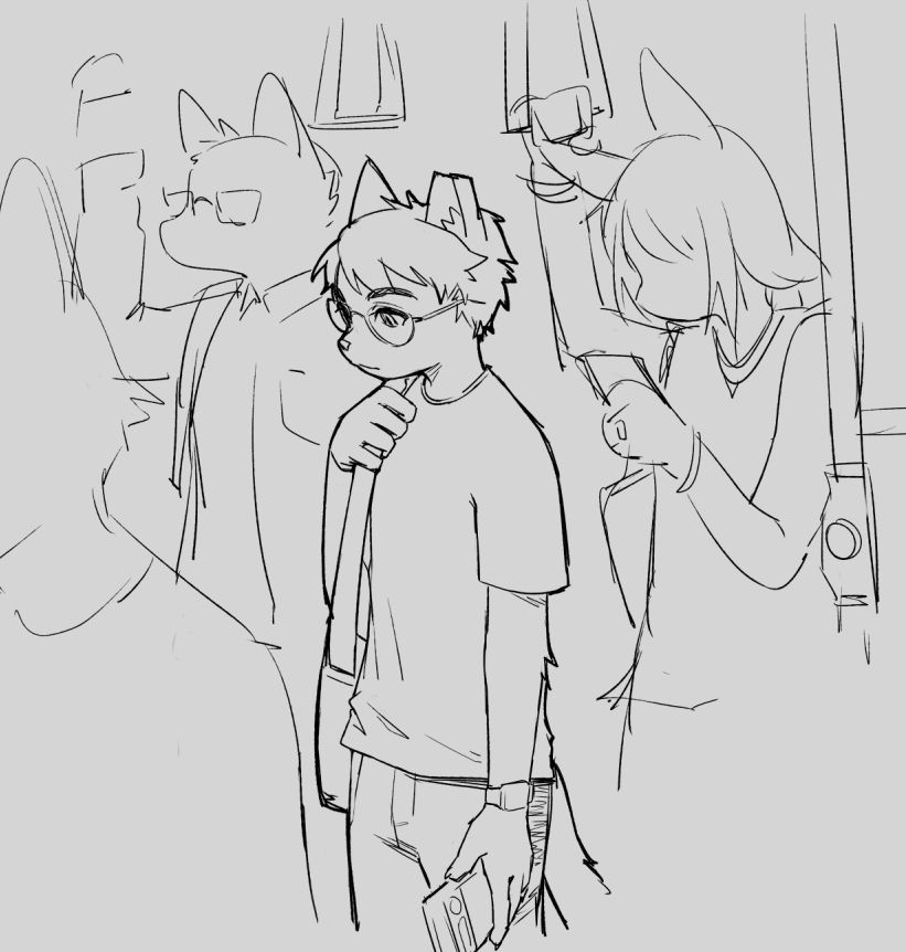 sketch of realsona, in a congested subway train with a serious stare of contemplation