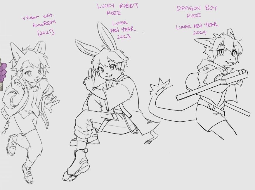 doodles of other versions in the past: a vtuber edit of Roze [2021], lucky rabbit Roze [Lunar new year 2023], dragon boy Roze [Lunar New year 2024]