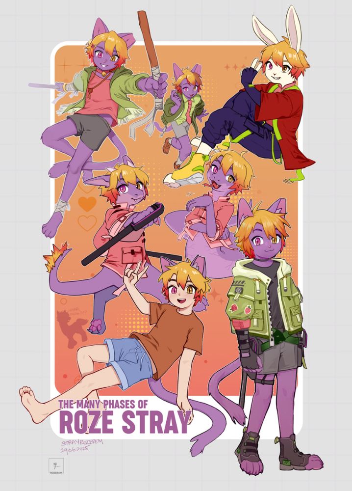 collage of character artworks i made of all the different versions of my fursona i've drawn in the past (version 0 known as r0zerem, vtuber r0zerem, bunny roze, dragon roze, snake roze, human roze and classic roze)