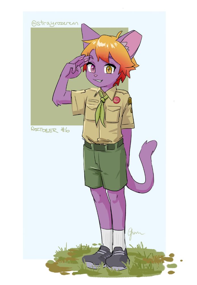 coloured sketch: roze is in a scouts uniform, saluting very proudly