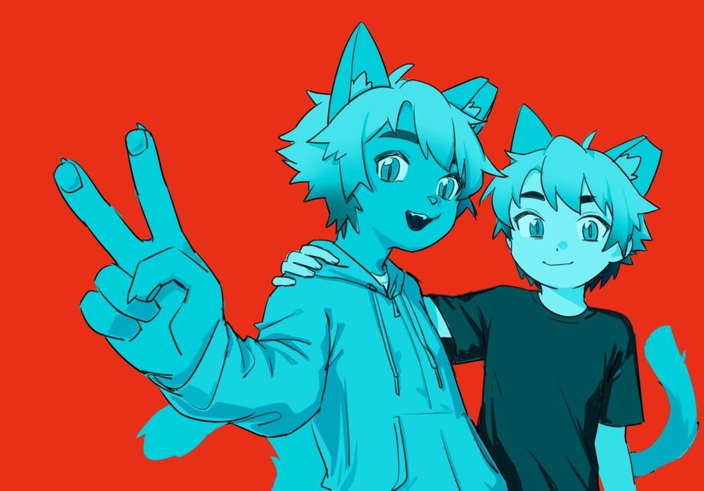 graphic style coloured sketch: my usual anthro cat fursona posing with the human version of my fursonas (with cat ears and tail retained) 