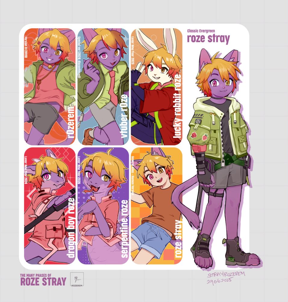 2nd version of a collage of character artworks i made of all the different versions of my fursona i've drawn in the past (version 0 known as r0zerem, vtuber r0zerem, bunny roze, dragon roze, snake roze, human roze and classic roze)