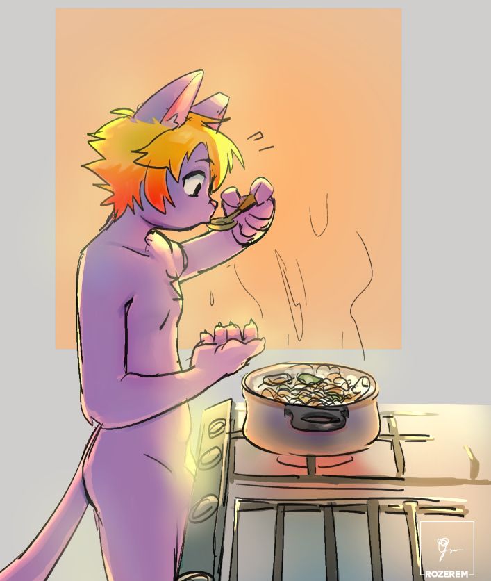 roze is cooking lol. but he's not wearing anything, hmm. that can't be safe can it