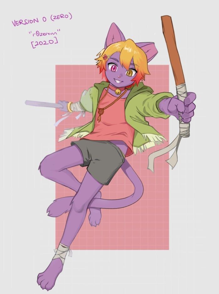 coloured sketch of my fursonas first design from 2020, which I'll call Version zero: r0zerem