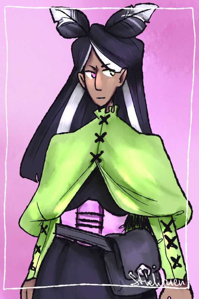 Art of my oc Nova. Shes a human with moth-like antennae. She has black hair with 2 white streaks and wears a black dress. Over her dress is a light green cardigan. She has one pink and one green eye.