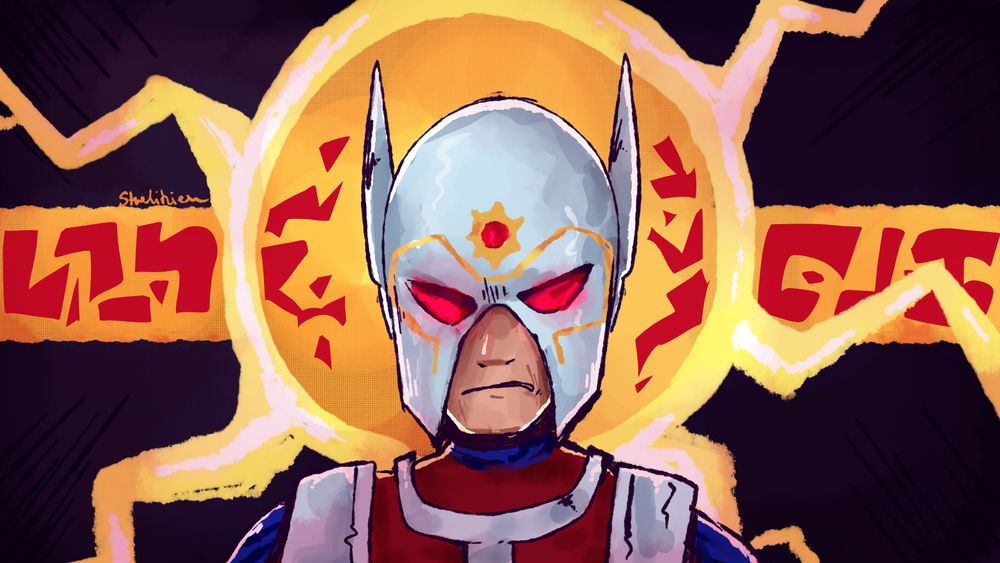 Art of Orion wearing his helmet, red eyes and with the Anti Life Equation as depicted in Walt Simonsons Orion run around him.