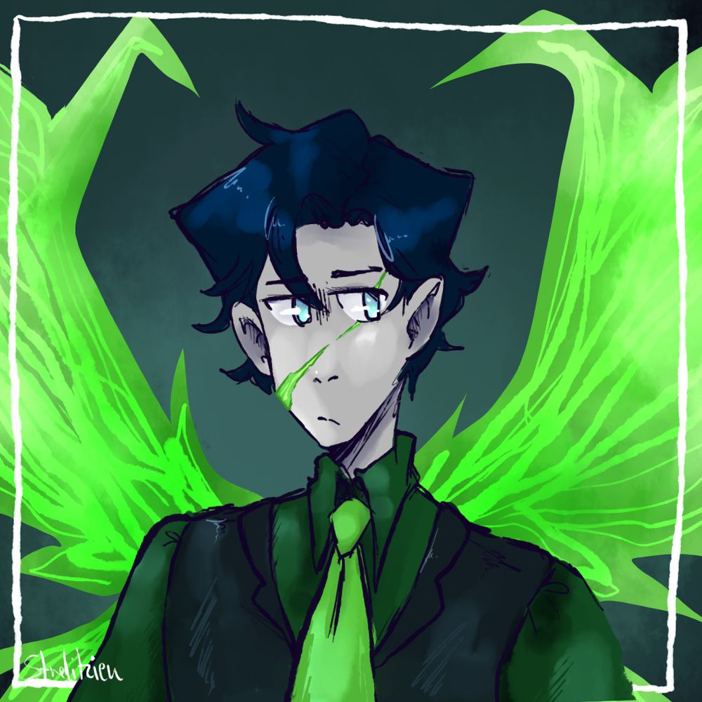 digitale zeichnung von BastiGHG (German Minecraft Youtuber/Streamer)
in seinem ZZv5 Skin mit dunkel grünem Hemd und hell grüner Kravate und große hell grüne Flügel
