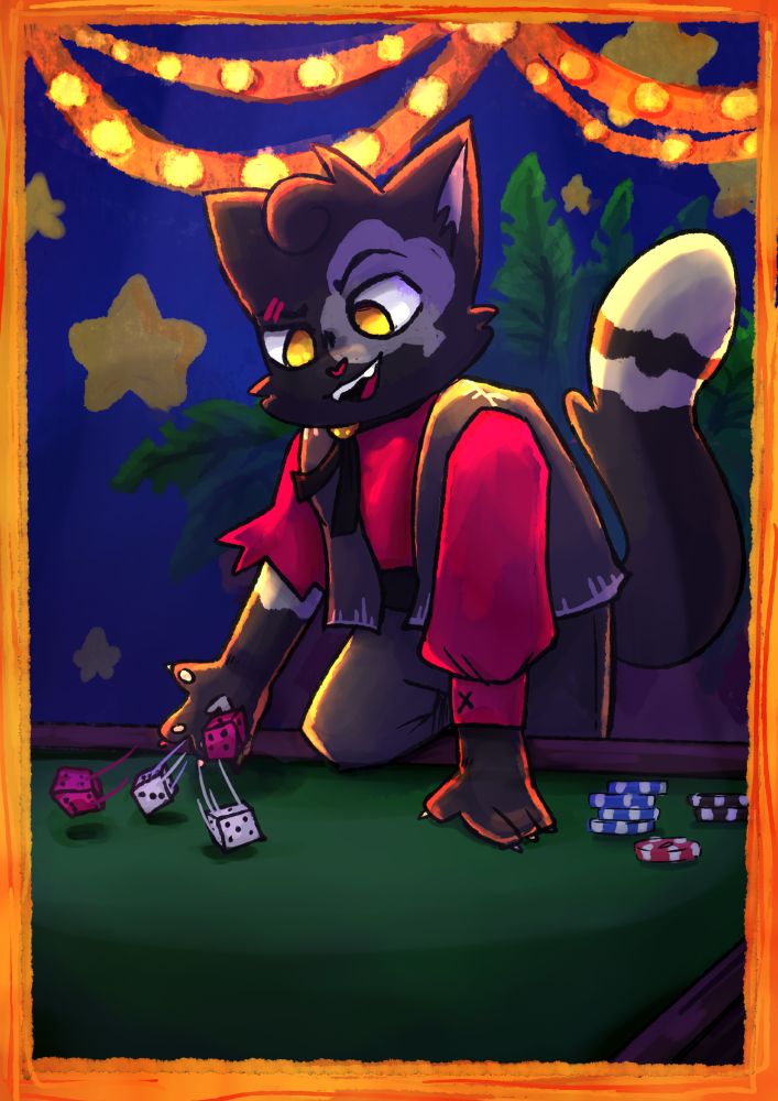 Digital Art of a Tabaxi/Anthro cat. 
Shes a black cat wearing a red shirt and black trousers. She has one knee on a table, throwing 4 dice onto the table while looking excited.