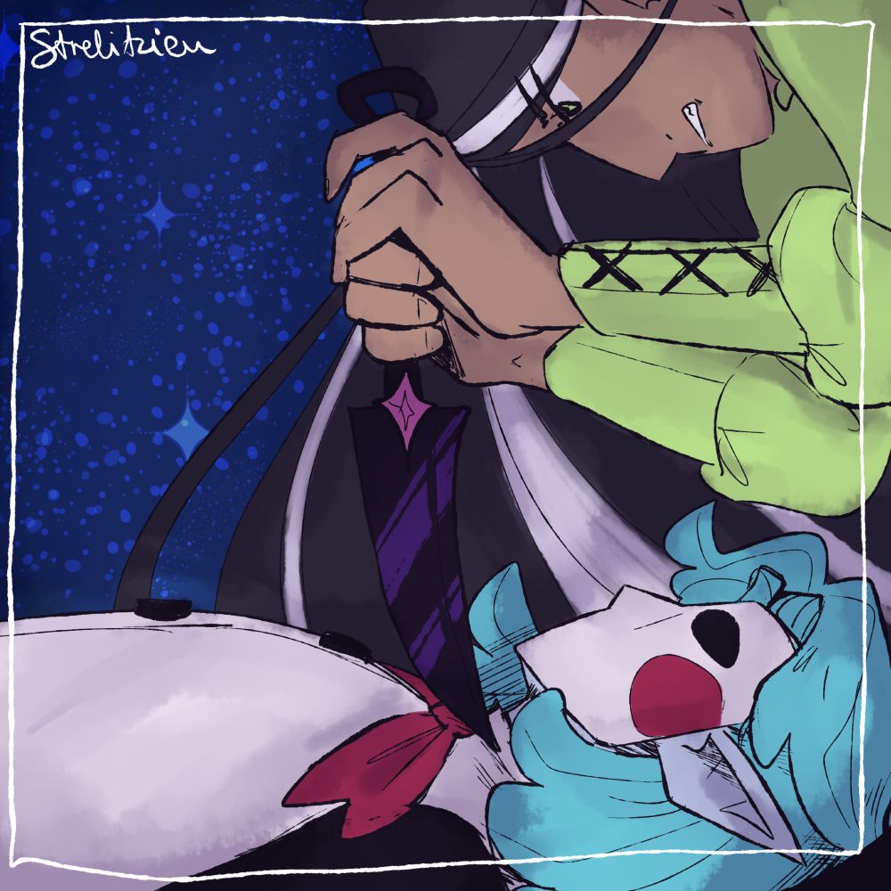 Art of my ocs Nova and Casper in the "You're Beautiful" pose from Princess Mononoke. Nova is holding a knive to Caspers neck.