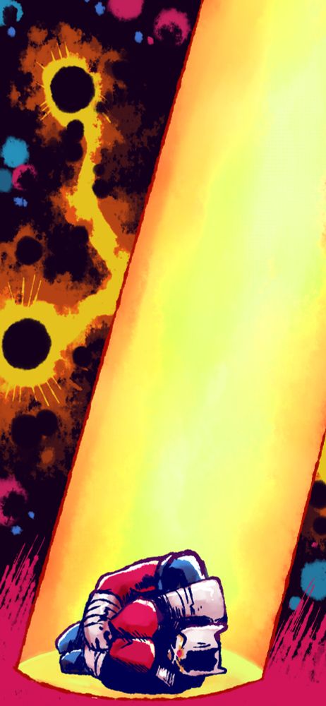 Redraw of one of Walt Simonsons Panels, Orion is lying on the floor in a fetal position with a beam of light on him. The Background is inspired by Jack Kirbys art of space