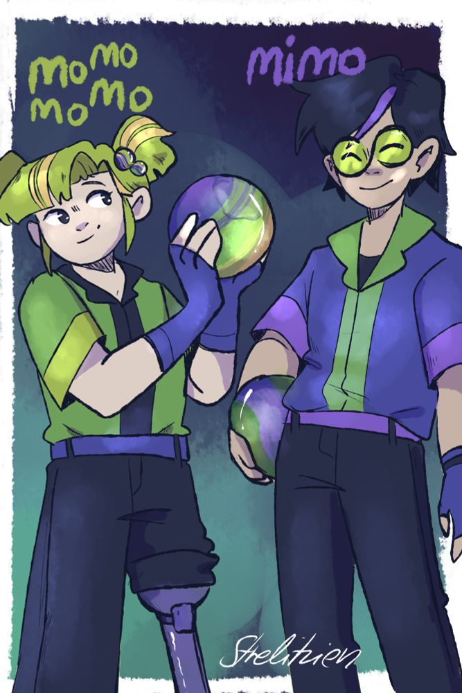 digital fanart of human versions of Team Momo (Marbles from "Jelle's Marble Runs" Youtube Series). They all have a colour pallet consitent of yellos, greens and purples. The second Fanart is of Momomomo and Mimo both with bowling balls coloured like the original Team Momo Marbles