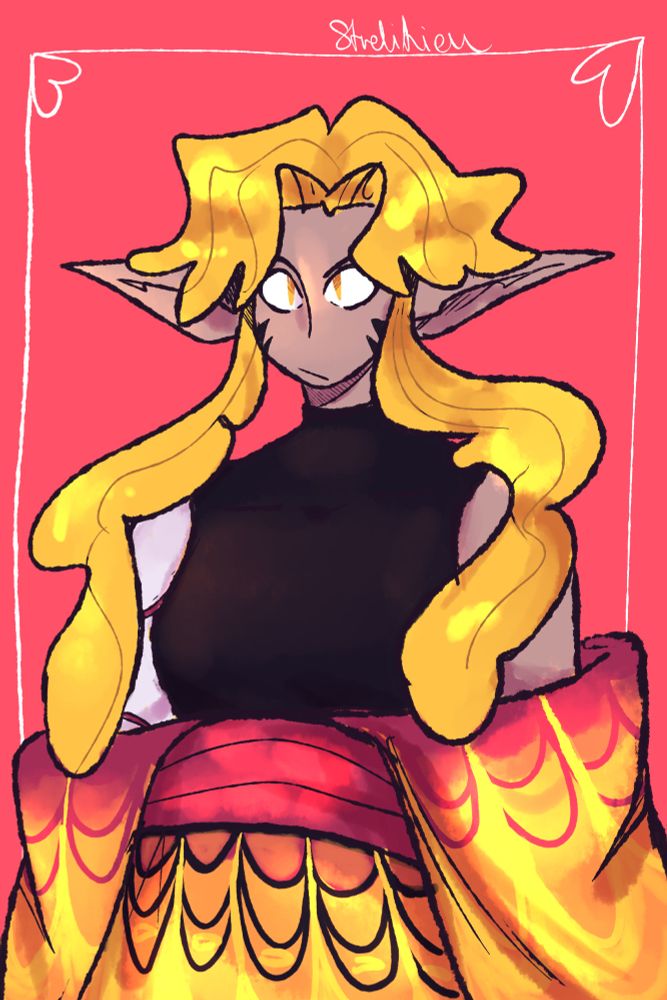 Art of my oc Monarch. Shes a summer fairy with blonde hair staring at the viewer. 