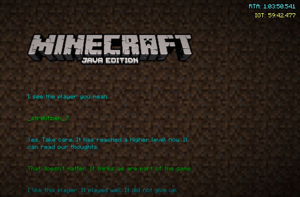 Screenshot of the Minecraft end poem with a Timer on the top right showing a IGT of 59 min and 42 sec