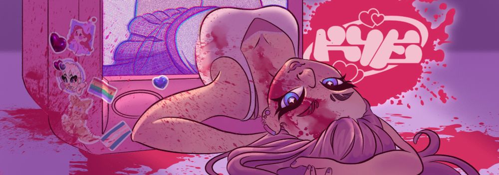 A female presenting character with long pink hair is falling out of a retro box TV that is also pink and has a few stickers on the side. The character has blood covering half of their face as well as blood splatter on the TV and ground.