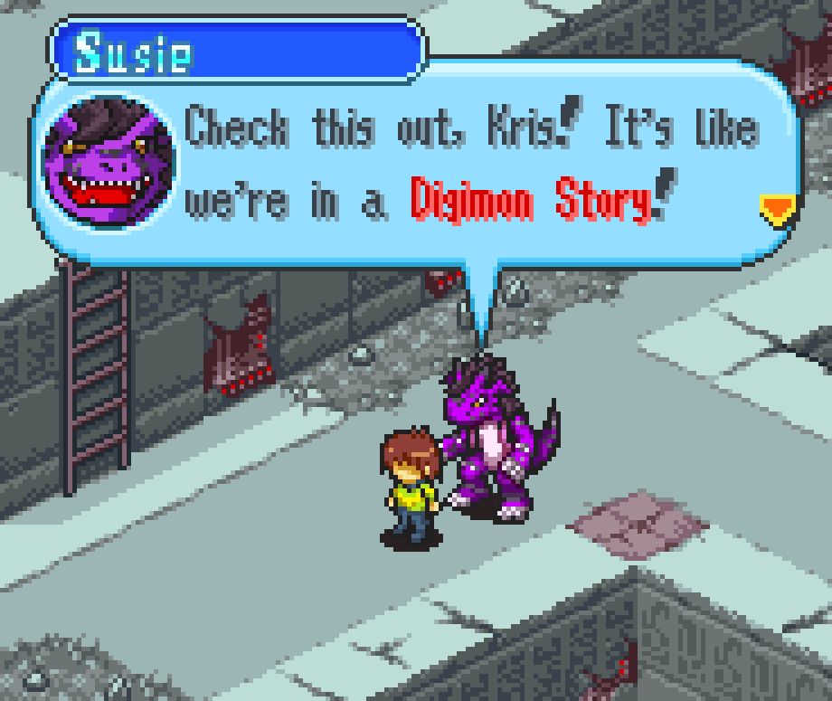 A fake screenshot from Digimon Story / World Dawn and Dusk featuring Kris and Susie from Deltarune, the latter is depicted as a purple Growlmon and saying "Check this out, Kris! It's like we're in a Digimon Story!"