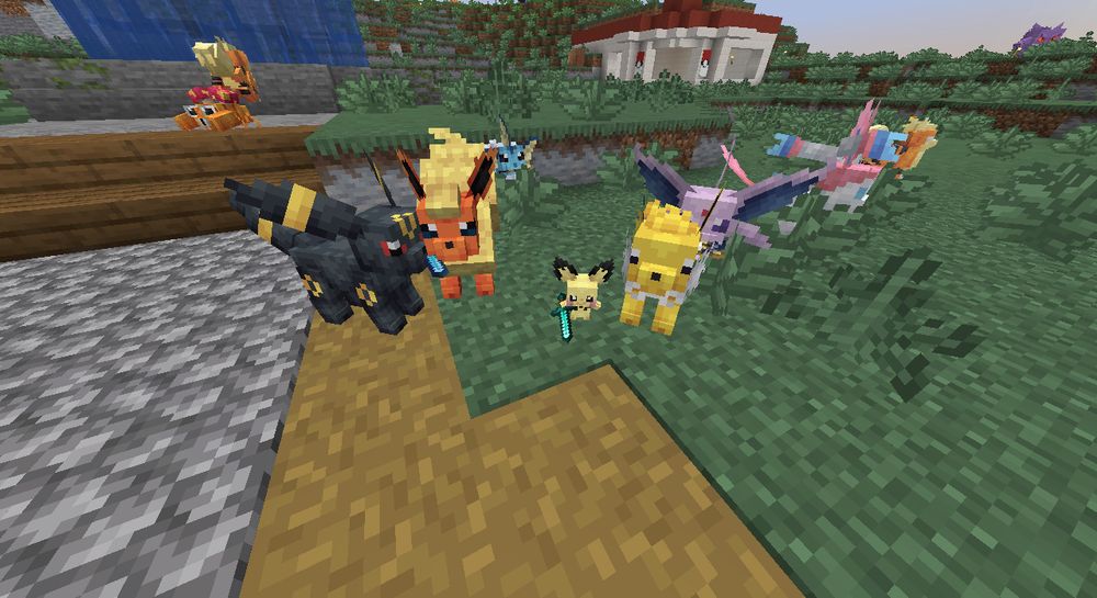 My Umbreon "Ernest" Holding a Diamond Sword Ready to Fight Sora's Pichu Also Holding a Diamond Sword.