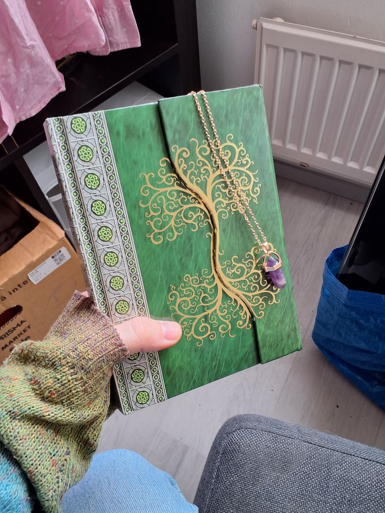 English: A birthday gift from a friend: green diary with a golden tree shaped picture on the cover. On top of the diary is an amethyst necklace with golden chain.
Suomeksi: Syntymäpäivälahja ystävältä. Vihreä päiväkirja, jonka kantta koristaa kullanvärinen puukuvio. Päiväkirjan päällä roikkuu ametistikaulakoru kullanvärisessä ketjussa.