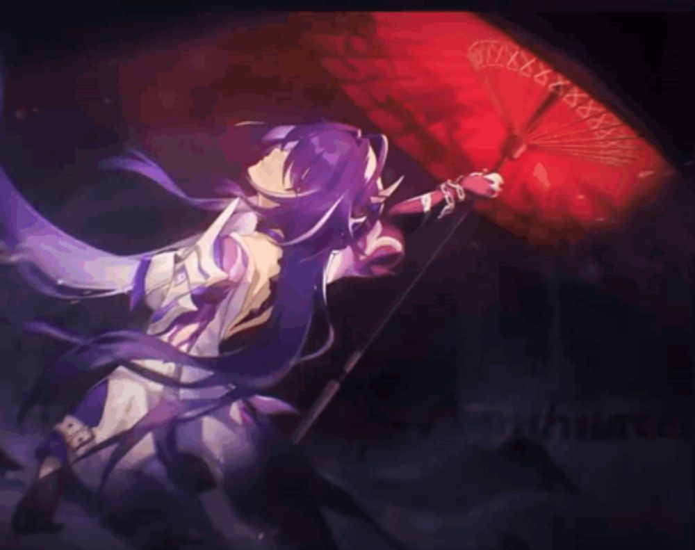 a purple haired anime girl holding a red umbrella