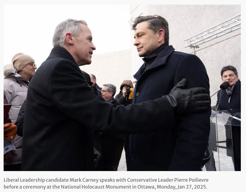 Marc Carney greeting Pierre Poilievre. Mark Carney is smiling, Pierre Poilievre is staring at him with arrogance and disdain. (I don’t want to say hatred, but it’s what I’d think if someone looked at me like this.)