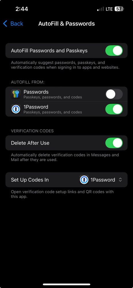 A screenshot of the Autofill & Passwords settings page from iOS 18 showing the Delete After Use setting 